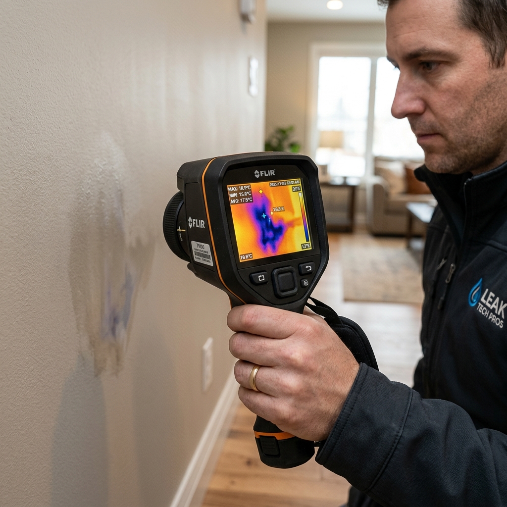 Thermal imaging camera scanning a wall for a hidden water leak