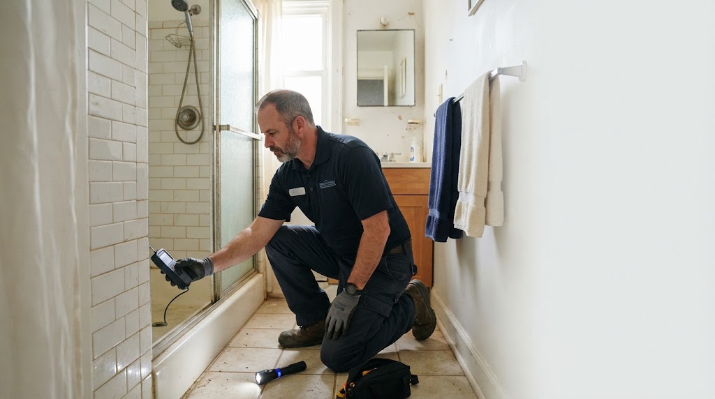Moisture meter detecting water behind drywall