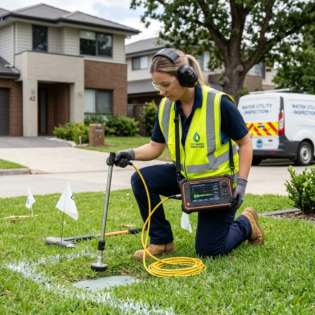 Technician checking exterior water lines in a residential neighborhood